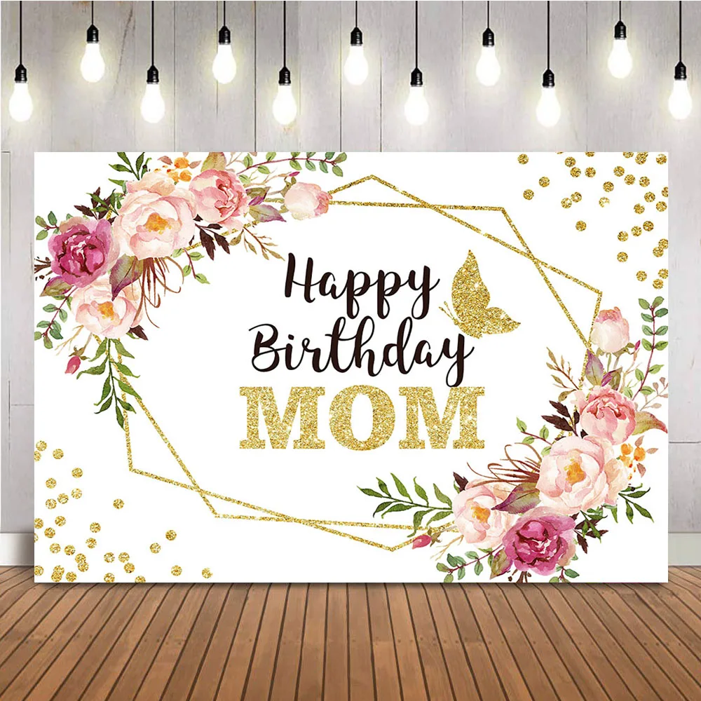 

Happy Birthday Mom Backdrop for Photography Pink Flowers Gold Glitter Dots and Butterfly Photo Background Photocall Customize