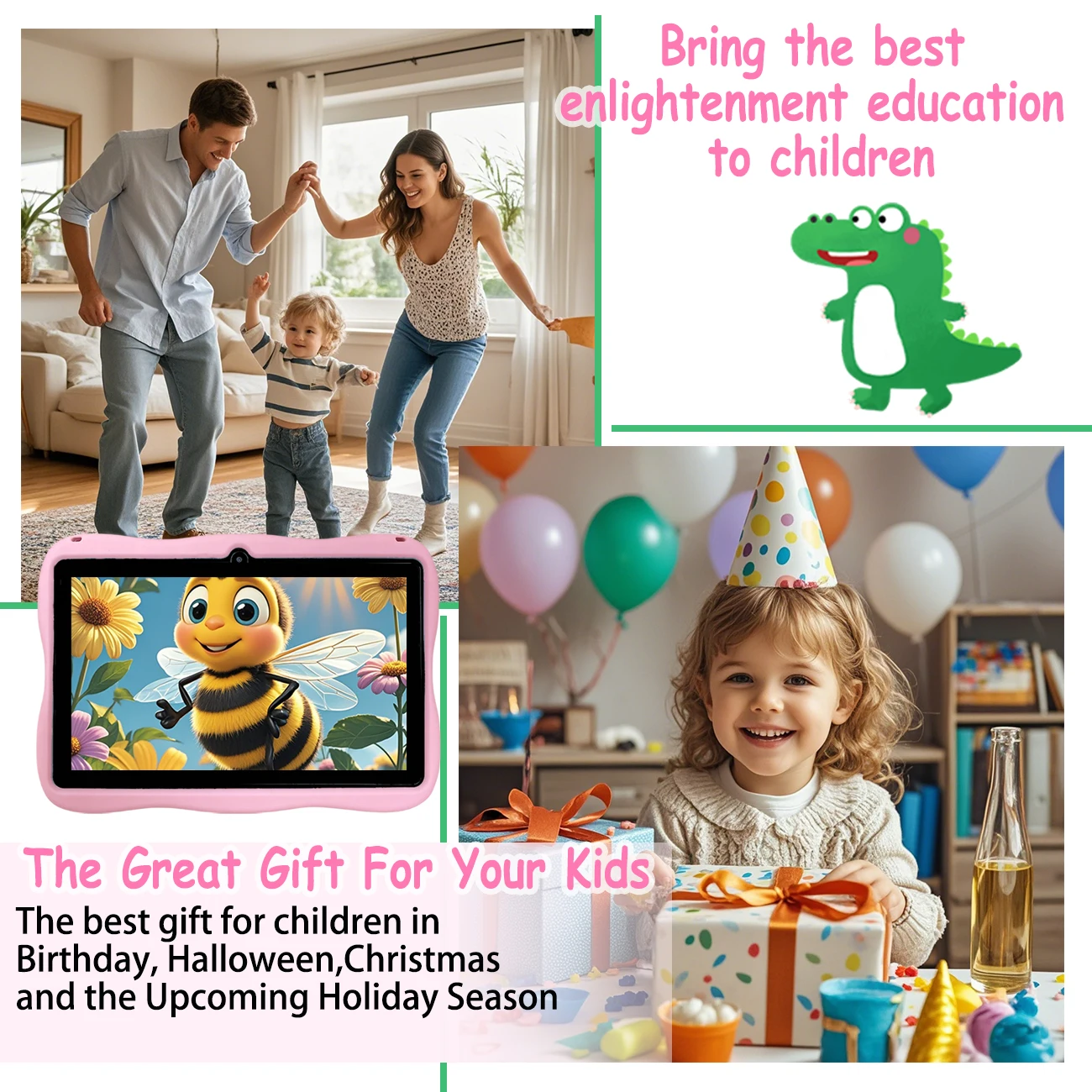 学習と娯楽のためのHDスクリーンタブレットコンピューター,オールインワンマシン,ラブドールがプリインストールされた教育システム,子供が学習に夢中になることを可能にする2色を選択します7インチの落下防止および衝突防止シリコン素材,子供向けのお気に入りのギフト,設定されていないプラグ