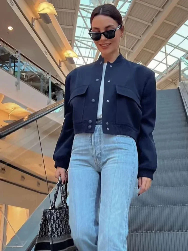 Woman Bomber Jacket White Autumn Winter Button Cropped Jackets for Women Fashion Long Sleeve Women Coats Outerwears 2025 New