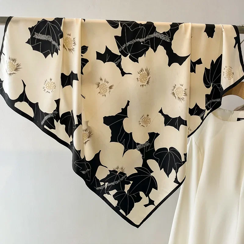 90x90 Square Large Scarf Thin Headscarf Black And White Flower Small Silk Scarf Women's Mom Spring Autumn/Winter Style Birthday 