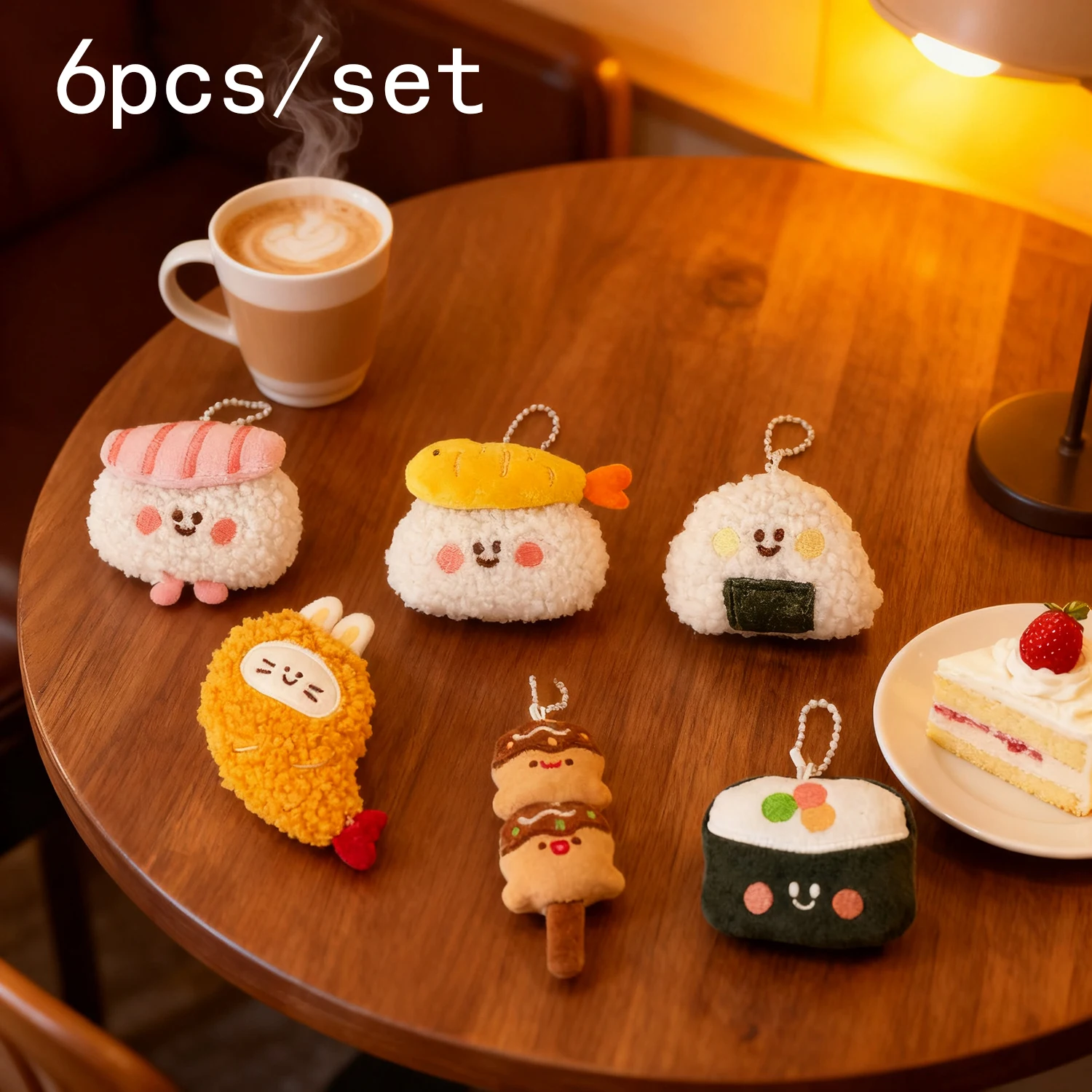 6-teiliges Niedliches Japanisches Lebensmittel-Plüsch-Schlüsselanhänger-Set Sushi Tempura Takoyaki Plüsch-Taschenanhänger Kawaii Lebensmittel-Puppen-Anhänger