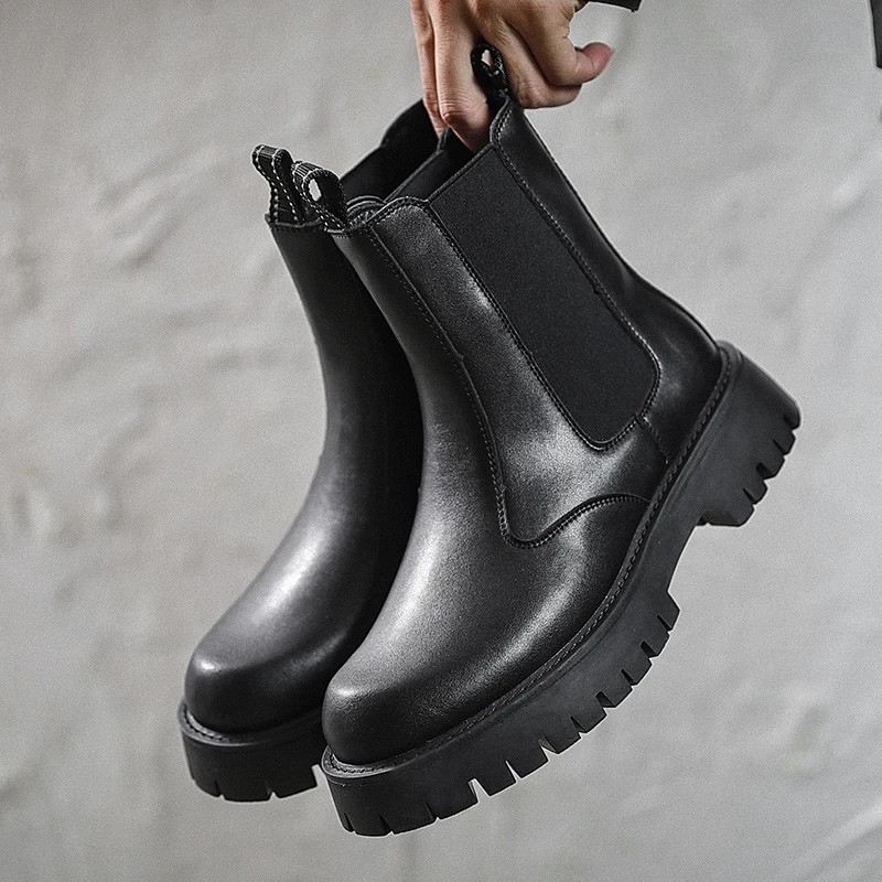 

large size mens fashion autumn winter boots black trendy platform shoes cowboy genuine leather boot handsome high chelsea botas