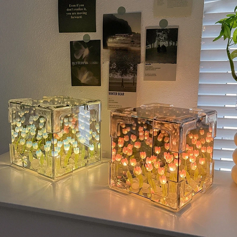 21PCS Tulip Nightlight Handmade DIY Material Cube Tulip Mirror Bedroom Decor Atmosphere Lamp Valentine's Day Birthday Gift