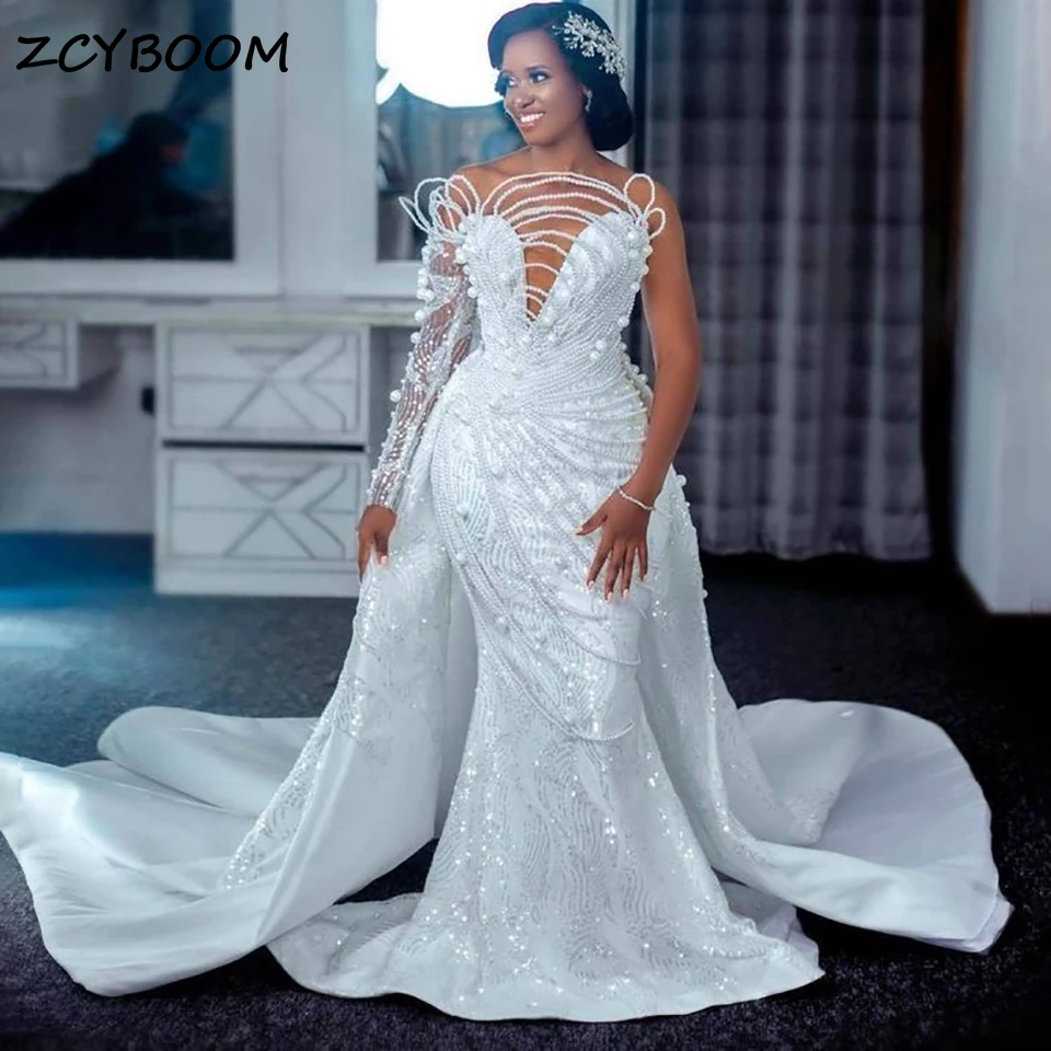 Luxury White 2 In 1 Mermaid Wedding Dresses With Detachable Train 2026 Pearls Beading Satin Long Sleeves Bridal Gowns For Women