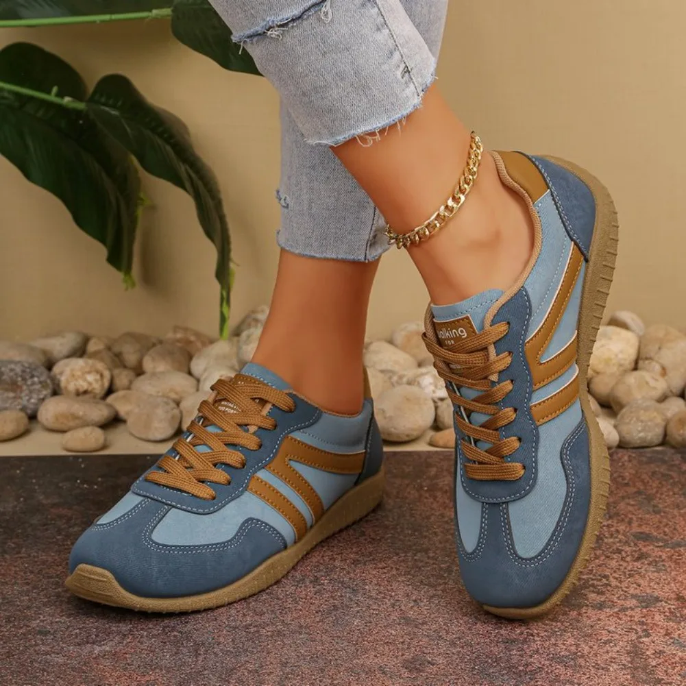 

Trend Women's Solid Color Non-Slip Walking Shoes Fashion Stripe round Toe Lace-Up Sports Sneakers for Outdoor