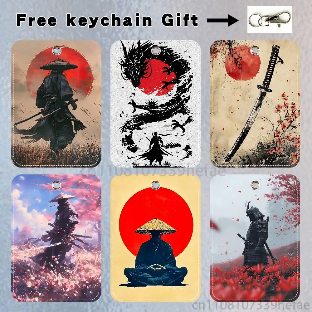 

Japan Samurai Pattern 1Pc PU Leather Card Holder Keychain Key Ring Door Lock Access Tags ID Card Case Keychain Card