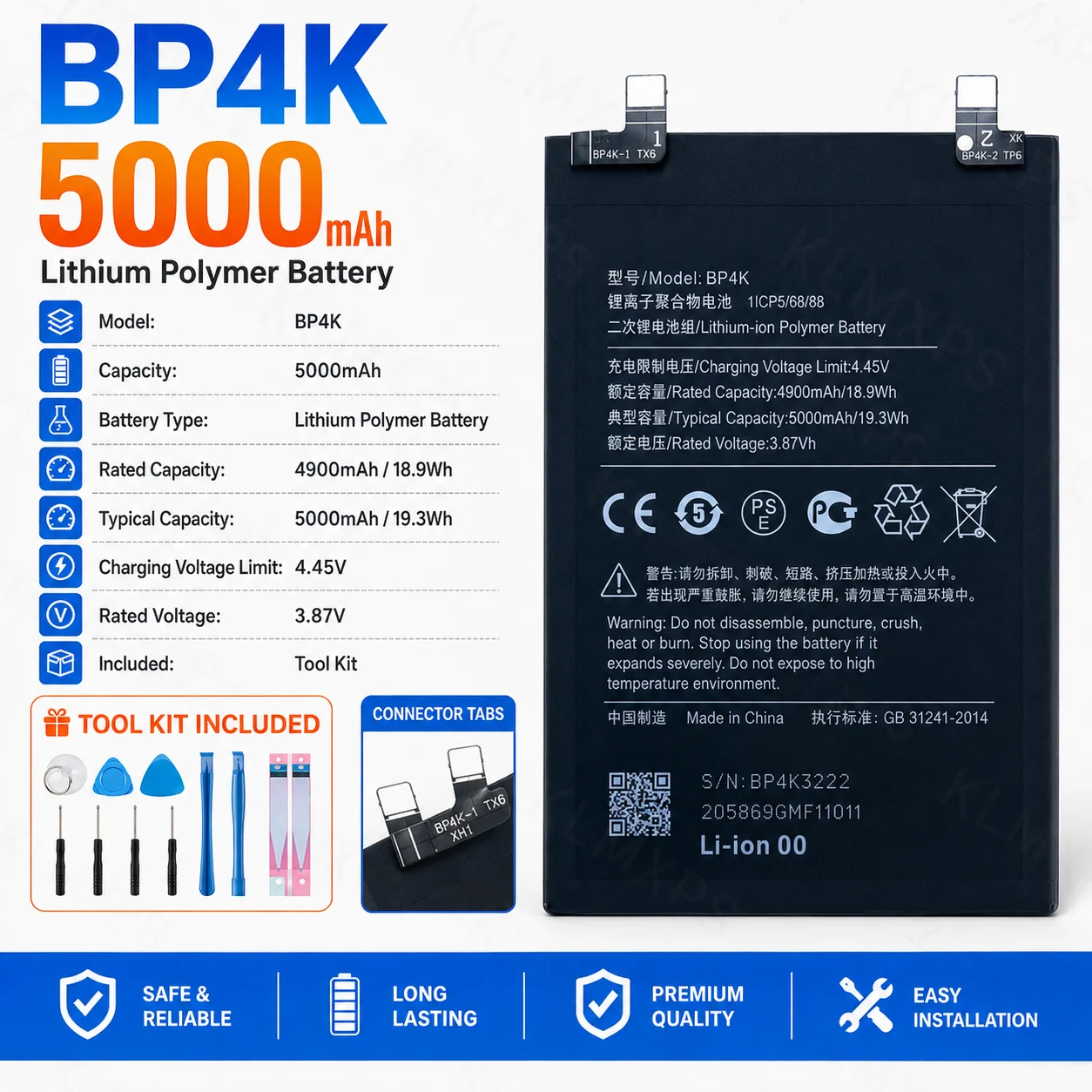 Premium Replacement Battery BP4K 5000mAh For Xiaomi Redmi Note 12 Pro Note 12T, For Poco X5 Pro Mobile Phone Repair Parts