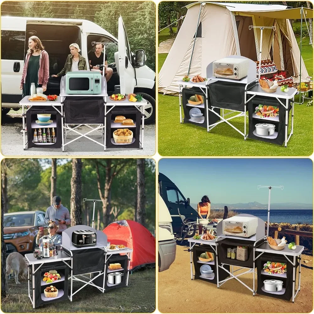 Camping Kitchen Table, Folding Table, Upgrade Light Stand and Windshield Cooking Station, Camping Table