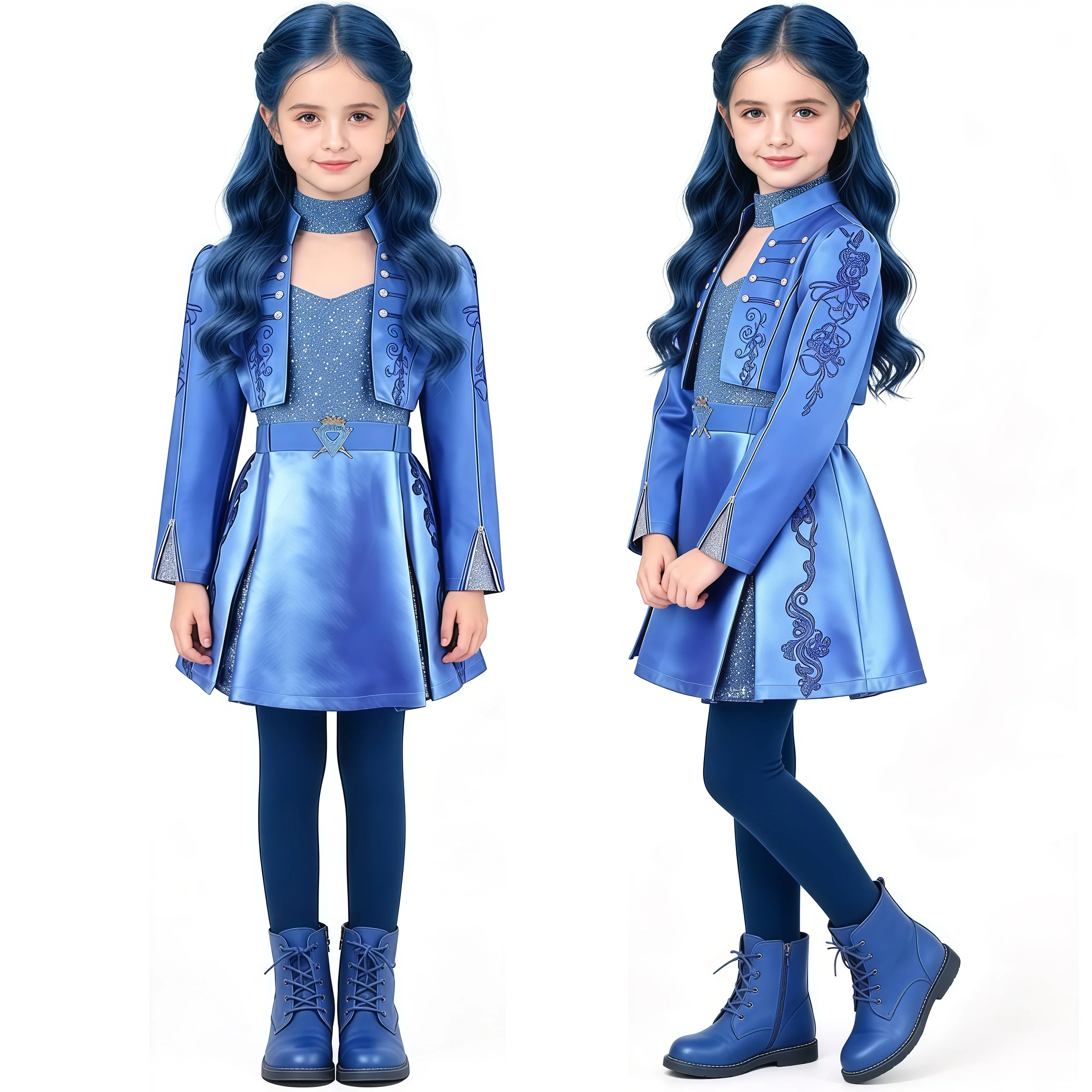 Kids Movie Wonderland Princess Halloween Outfit Blue 4 Pieces Set For Girls Tops Jacket Skirt Pants Performance Carnival Clothes