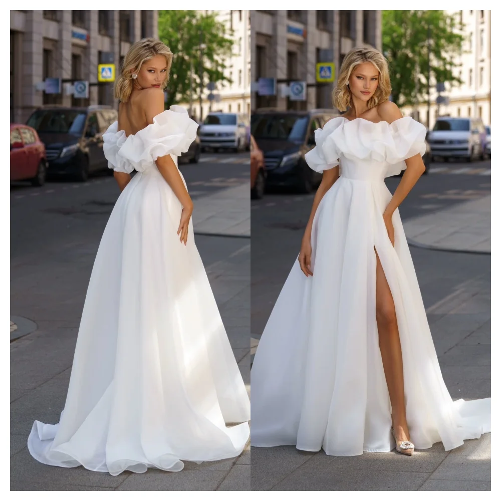 

Customized Fashion White Organza Evening Dress Elegant Boat Neck Off the Shoulder Sleeveless Party Dress Formal Celeb