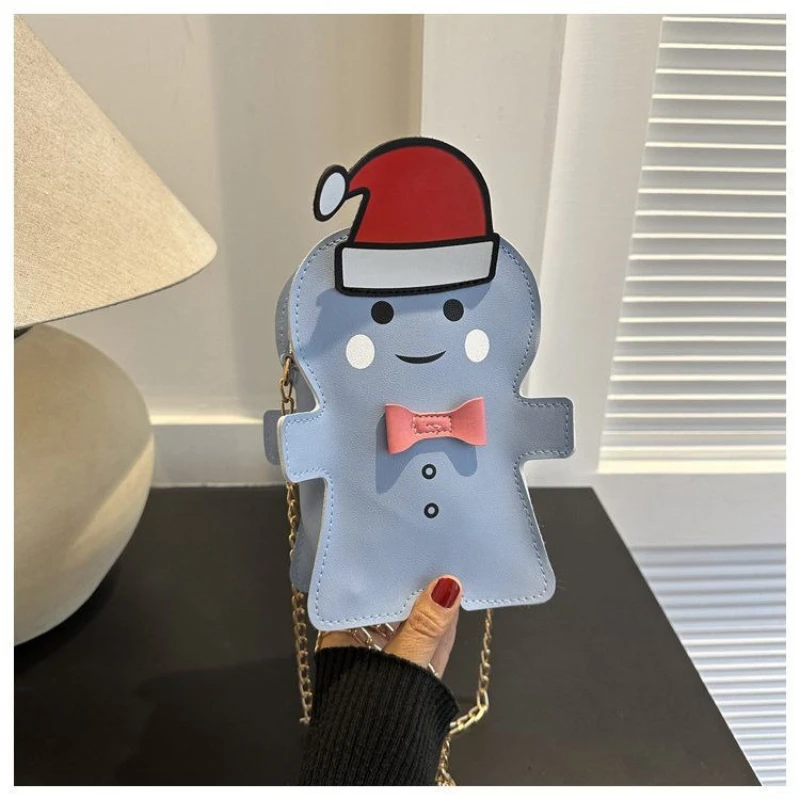Black White Brown Blue Pink Cute Bow Smiley face Gingerbread Cartoon Crossbody Sling PU leather Shoulder Bag Christmas hat Girls