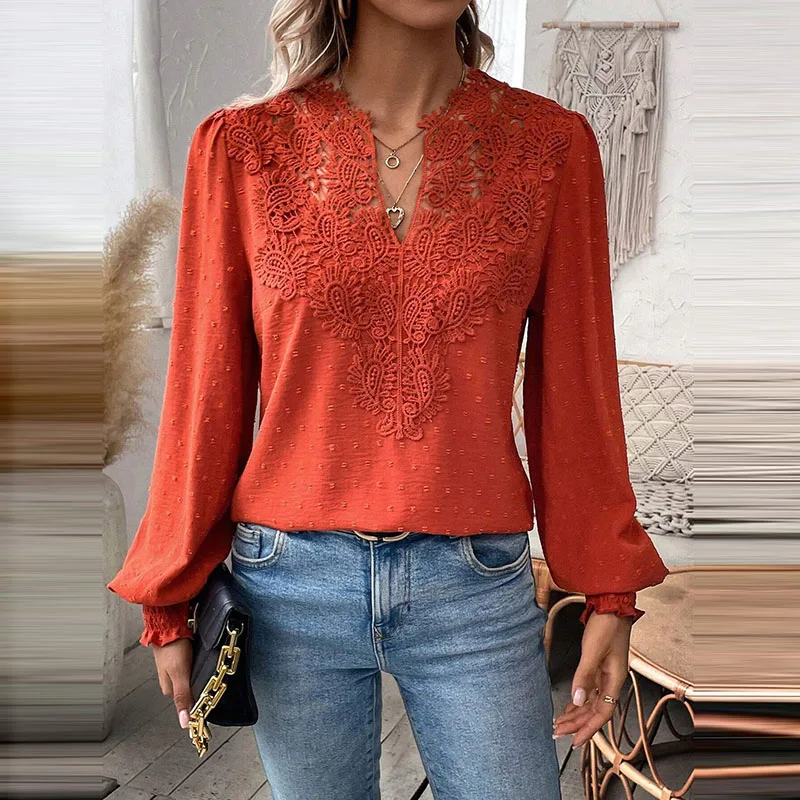 Camisas de retazos de encaje con cuello en V para mujer, blusas elegantes de manga larga para oficina y fiesta, jerséis de Color sólido, moda de otoño, nuevo