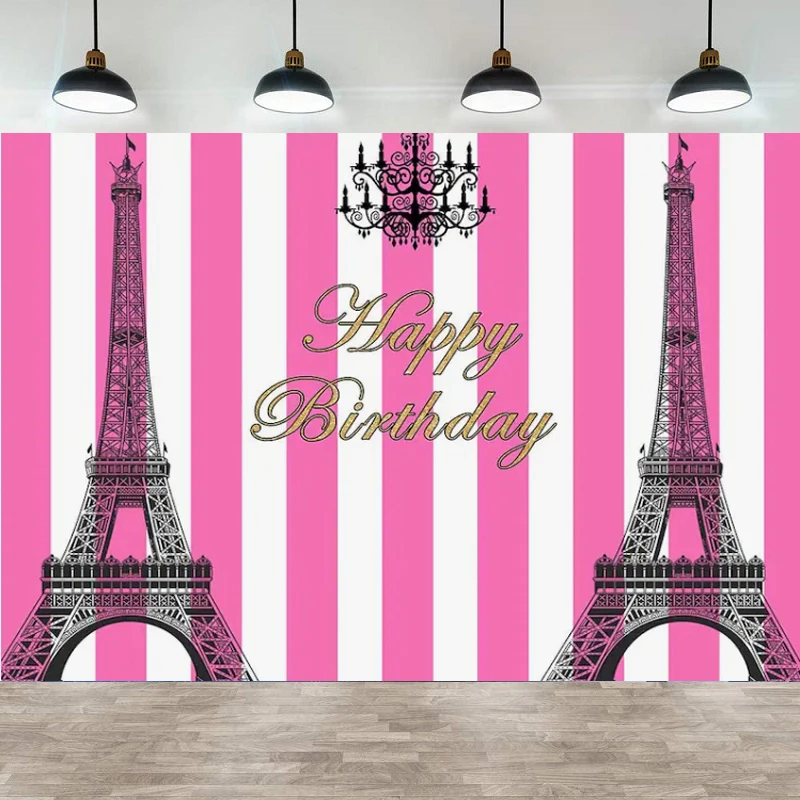 Fondo de fotografía de cumpleaños de la Torre Eiffel de París, candelabro rosa, patrón de rayas, cartel de pared de fondo de referencia de ciudad francesa