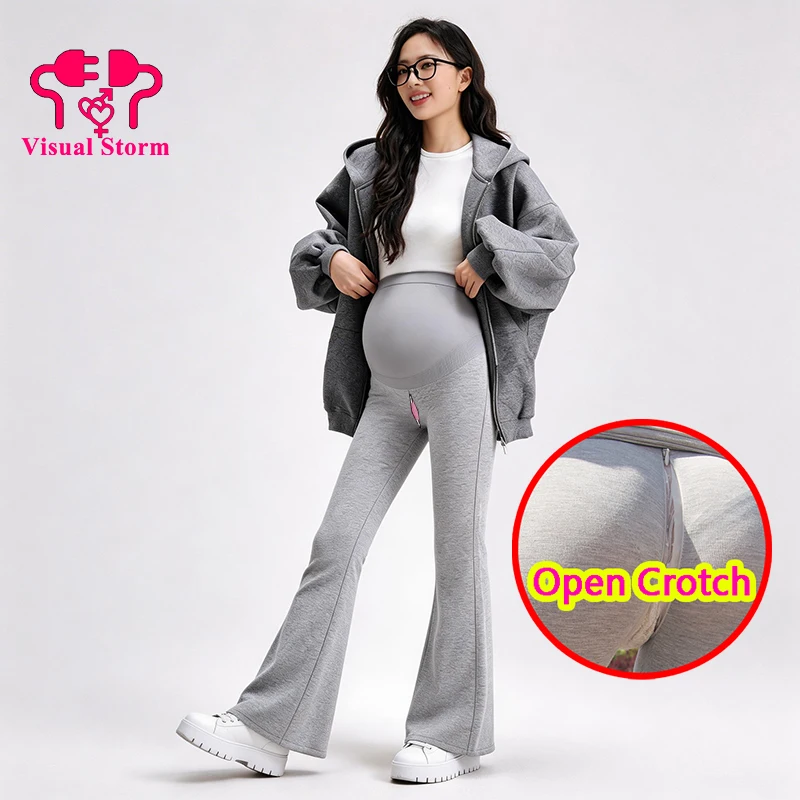 Woman Fleece Open Crotch Pants High Waist Stretch Restrictive Flared Zipper Trousers Warm Thickened Slim Outerwear for Winter