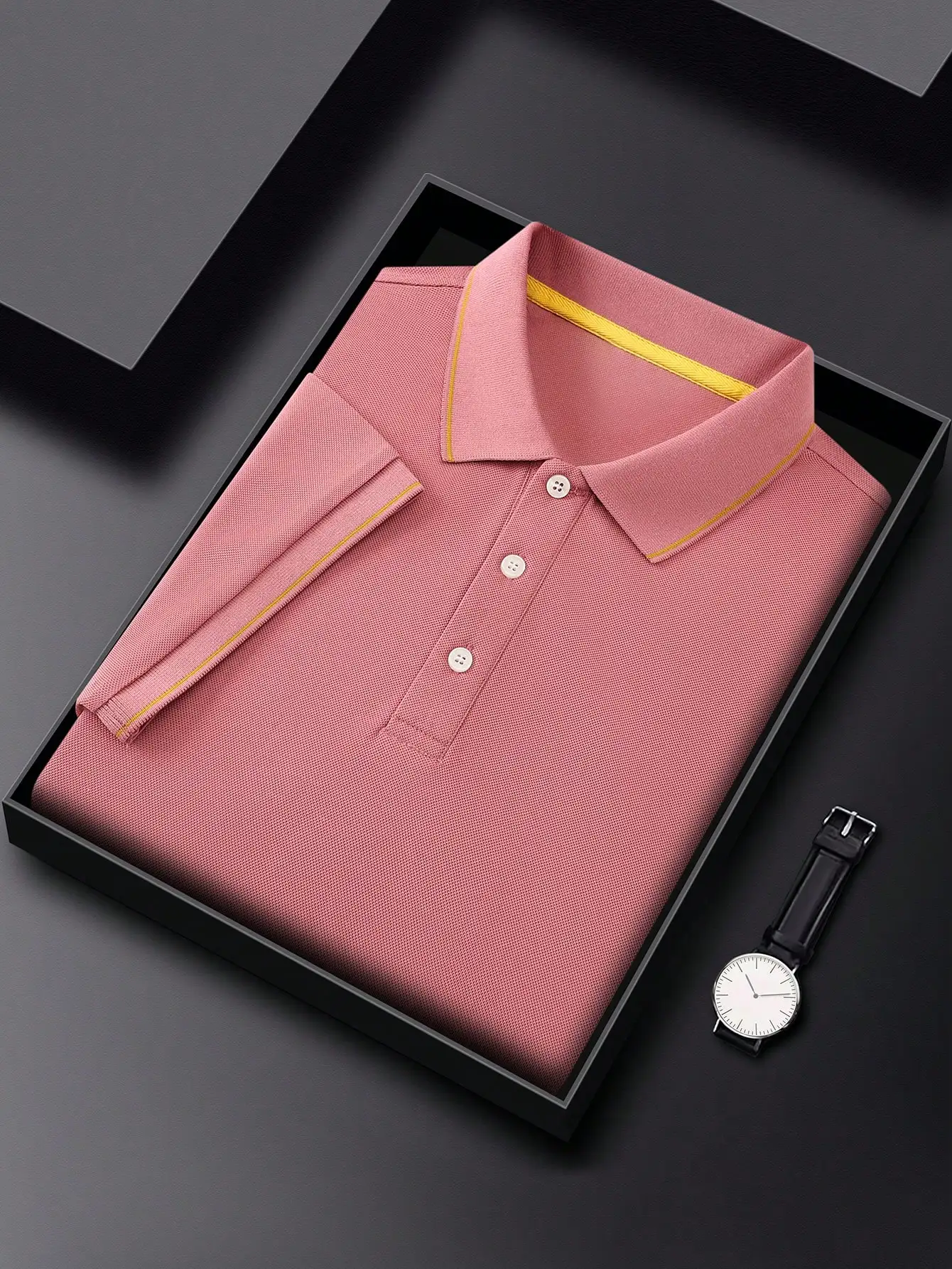 

Men's Pink Pique Polo Shirt with Yellow Trim, Short Sleeve, Casual Business Style
