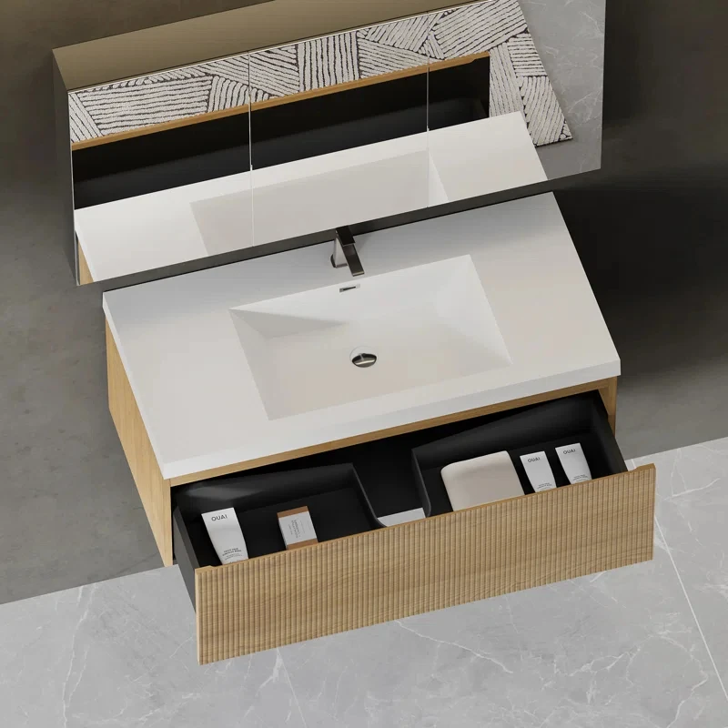 Custom new design minimalist natural oak veneer wall-mounted, bathroom cabinets popular unique storage furniture
