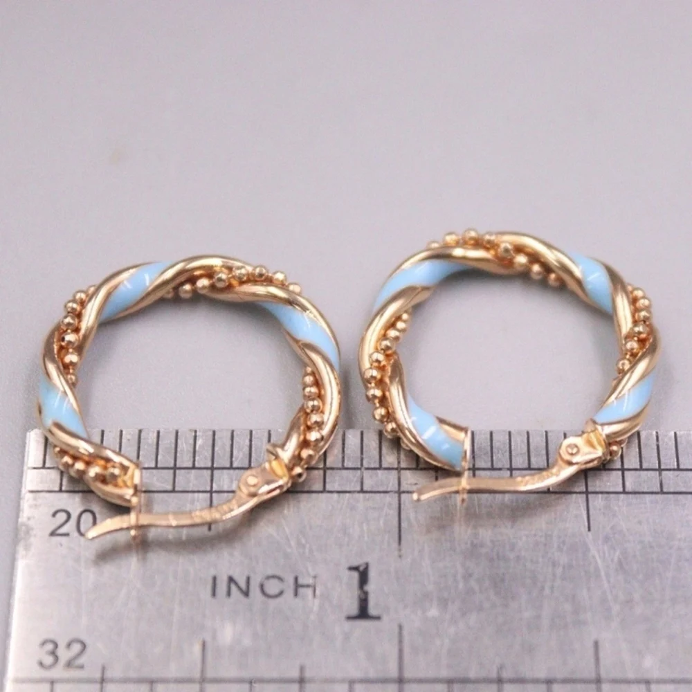 Real Pure 18K Rose Gold Hoop Women Best Gift Lucky Enamel Beads Twist Earrings 2.76g