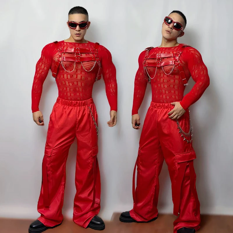 

Gogo Show Men Costume Red Hollow Out Top Muscle Man Sexy Clothes Nightclub Bar Dj Clothing Male Party Performance Wear VDL5093