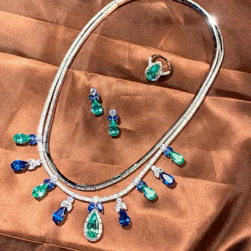 Bellux French Style Water Drop Shaped Paraiba Green Royal Sapphire Bowknot Necklace Earrings Rings Party Wedding Jewelry Set