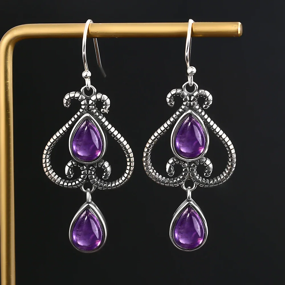 

Jewelry S925 Sterling Silver Earrings Fashion Ethnic Pear Shape 6X9MM Natural Amethyst Earrings Wedding Party Wholesale