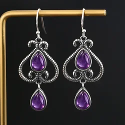 Jewelry Silver Earrings Fashion Ethnic Pear Shape 6X9MM Natural Amethyst Earrings Wedding Party Wholesale Anniversary Gifts