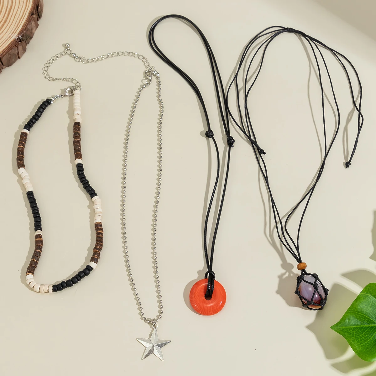 Wood Beads and Rope Chain with Pentagrams and Stone Pendant Necklace for Women Boho y2k Accessories on Neck Fashion Jewelry Gift