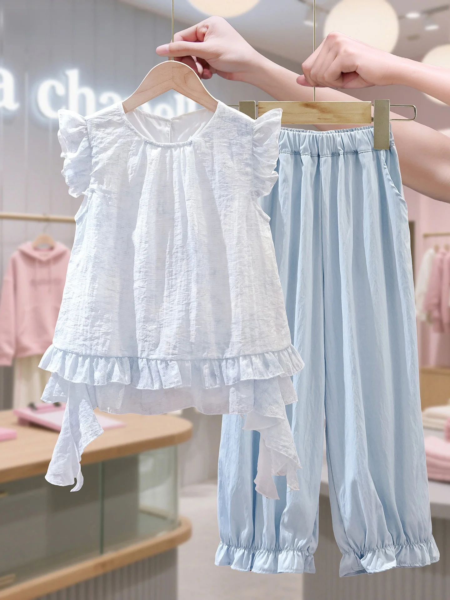 la-chapelle-children's-summer-outfit-korean-style-girls'-ruffle-pants-two-piece-set-for-middle-and-large-children