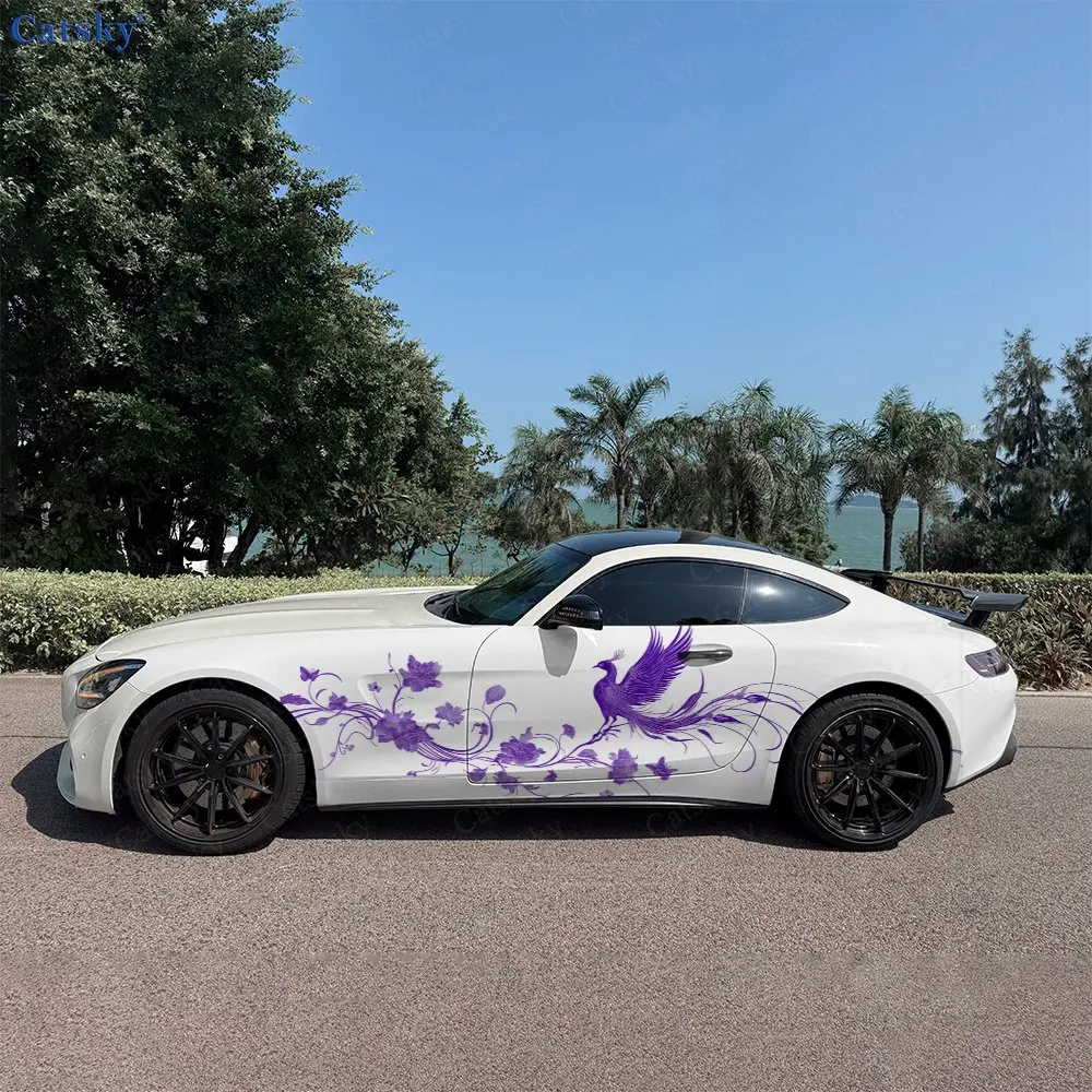 

2pcs Elegant Purple Phoenix & Flower Car Side Wrap, Self-Adhesive PVC Waterproof & Scratch-Resistant Sticker, Car Accessory Gift