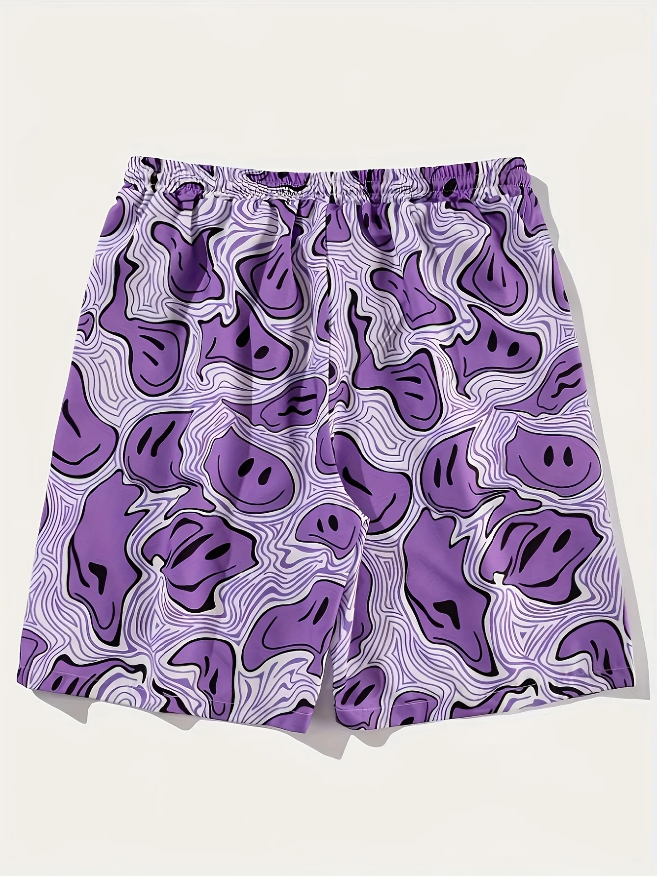 Men Purple Trippy Melting Smiley All Over Print Beach Shorts Drawstring Elastic Waist Quick Dry Streetwear Casual Swim Trunks