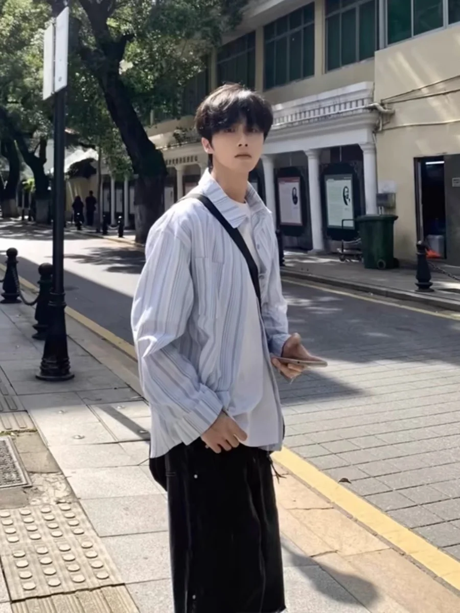 

American Sle Fre синяя полосатая длинная све irt Свободная повседневная летняя верхняя одежда для мужчин и женщин для пар irt