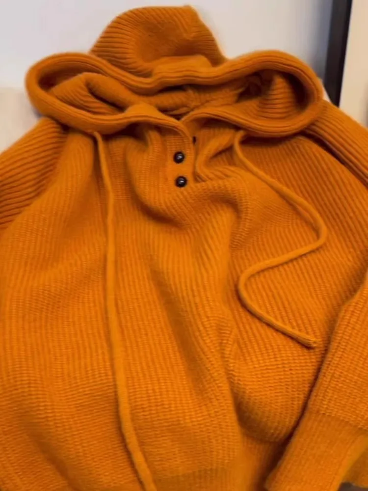Half Button Hooded Wool Knitted Sweater For Women, 2024 Autumn And Winter New Korean Loose Casual Pullover Sweater