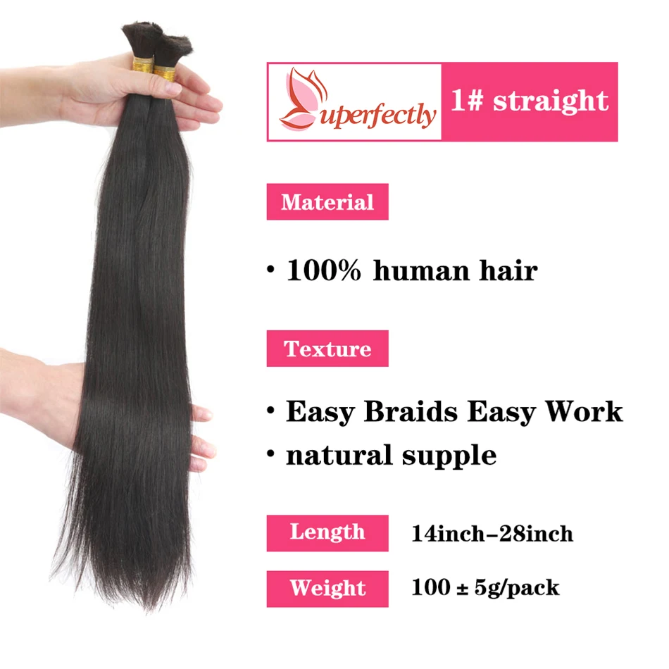 Human Bulk Hair For Braiding Straight Brazilian Remy Hair Bundles Natural Black Bulk Human Hair Extensions 14-28Inch 100g