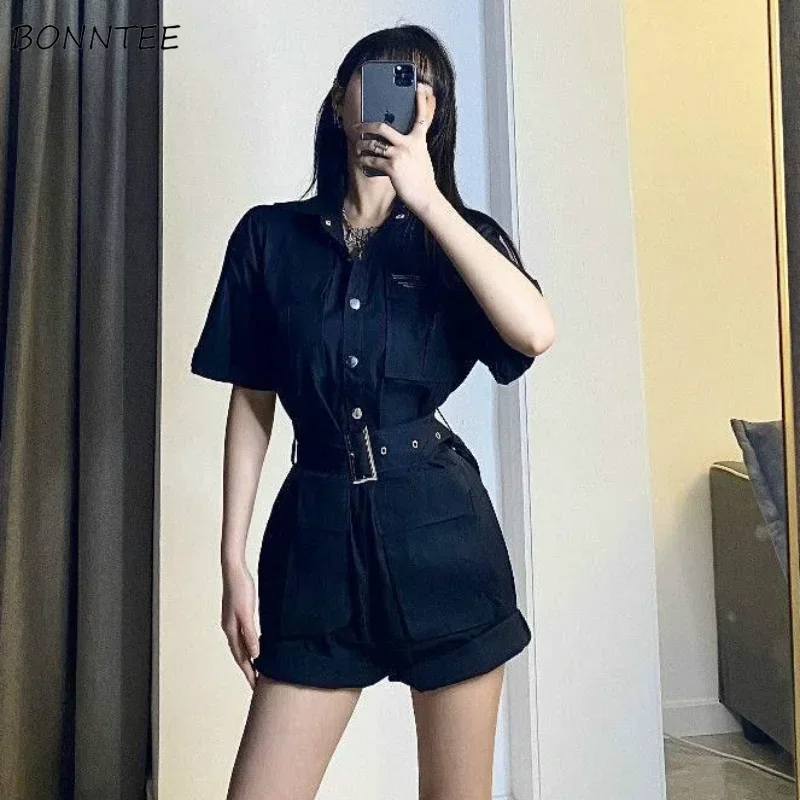 Rompers Women Summer Solid Belt Cool Girls High Waist Streetwear Harajuku Chic Classic Hot Sale Popular Fashion Macacão Feminino