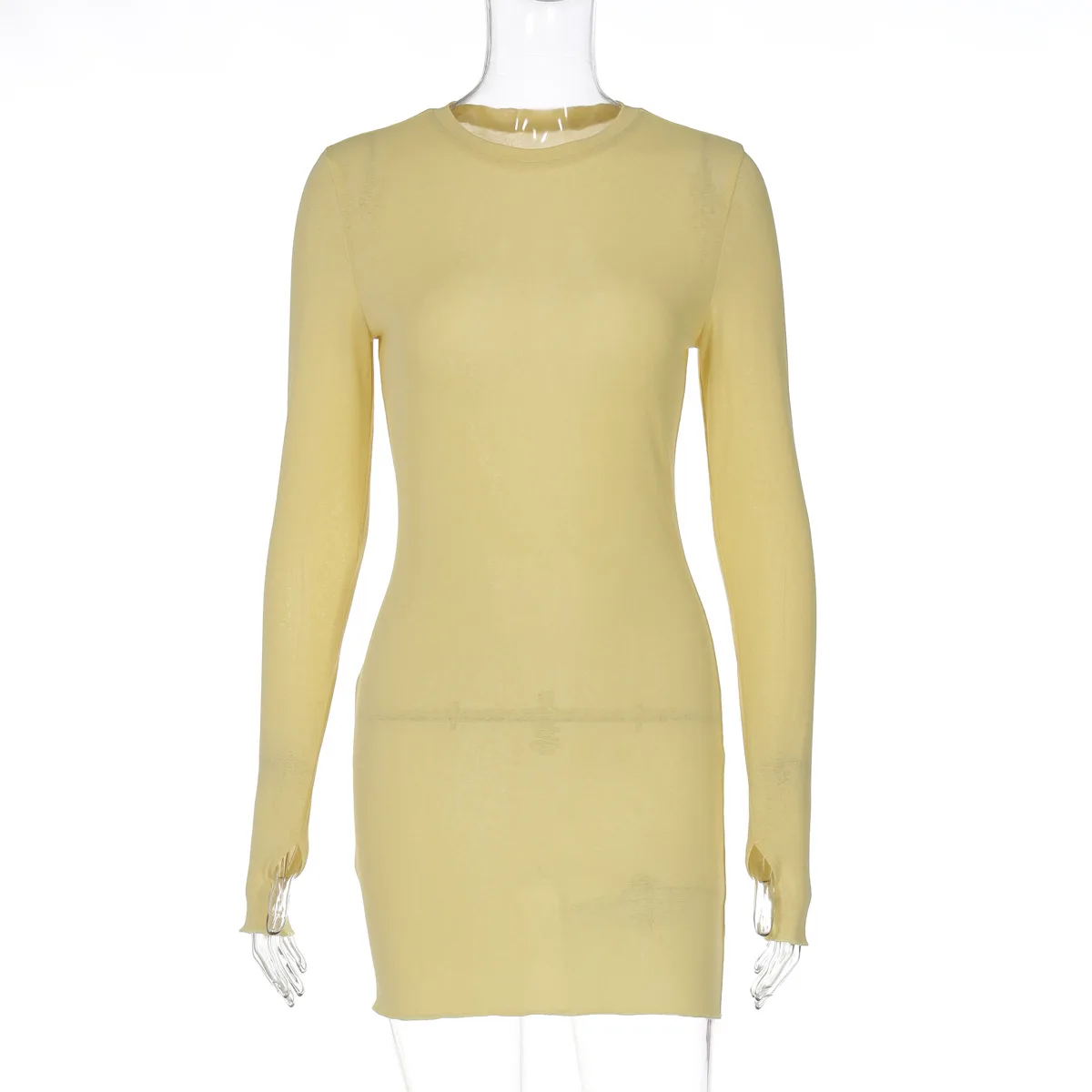 فستان نسائي صيفي مثير برقبة دائرية فستان أصفر قصير بأكمام طويلة فساتين قصيرة ضيقة على الورك قميص ملفوف Coquette ملابس Y2k غير رسمية