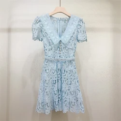 Quality Women Mini Blue Lace Evening Bridesmaids Dress Short Sleeve V Neck Lapel Beaded Diamonds Floral Embroidery Party Dresses