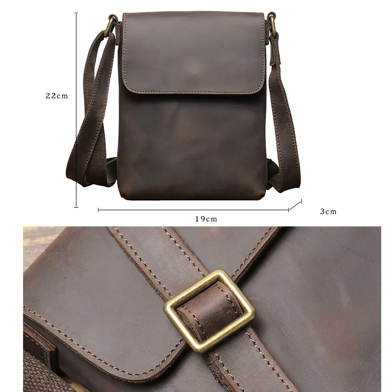 Fashion Genuine Leather Messenger Bag for Men Crazy Horse Leather Shoulder Bag Small Travel Handbag  Male Pad Sling Bag