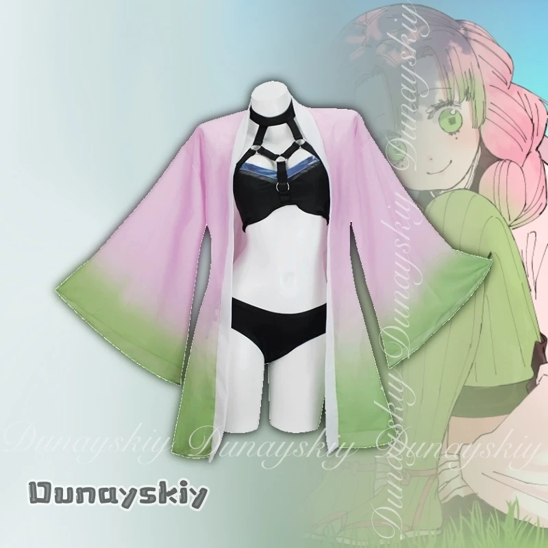 {Hemera}Anime Kanroji Mitsuri Cosplay Swimsuit Costume Two Pcs Swimsuit Female Cardigan Swimsuit Set Halloween Disguise Women view 3