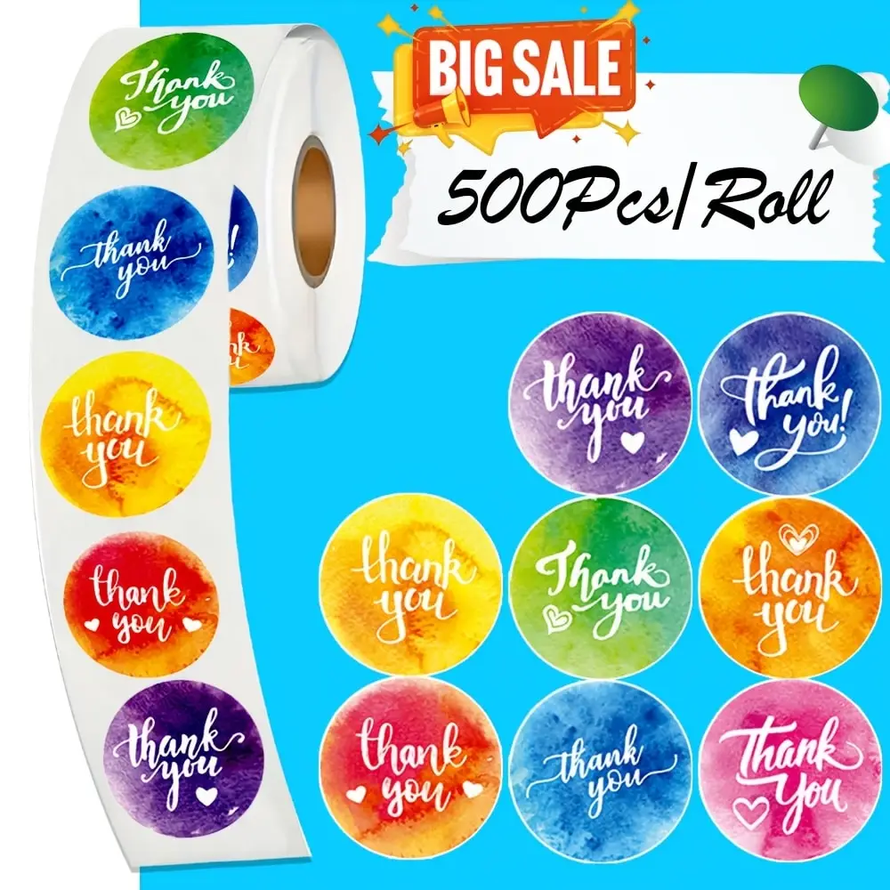 Colorful Thank You Stickers Roll |1 inch | 500/1000 Labels for Small Business Stickers| 8 Designs