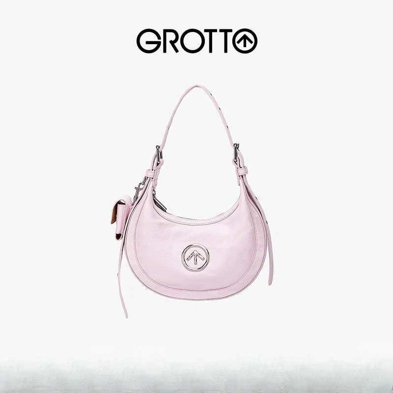 GROTTO Italian pleated genuine leather luna hobo crescent bag single shoulder crossbody underarm bag