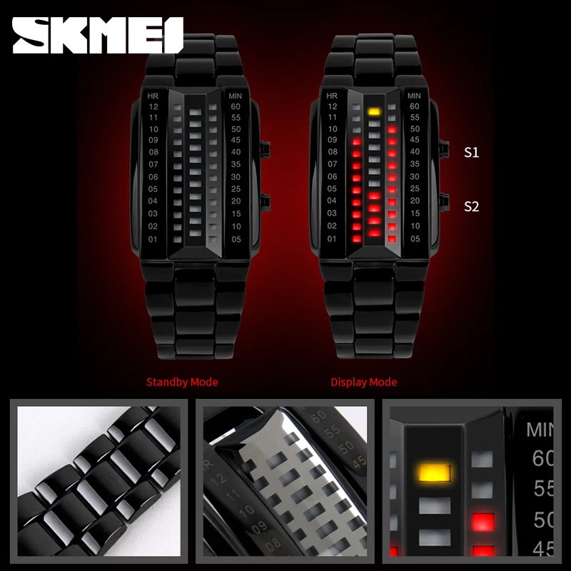 SKMEI science fiction Creative Sport Watch Men Stainless Steel Strap 5Bar Waterproof Digital Watches reloj hombre Sports watches