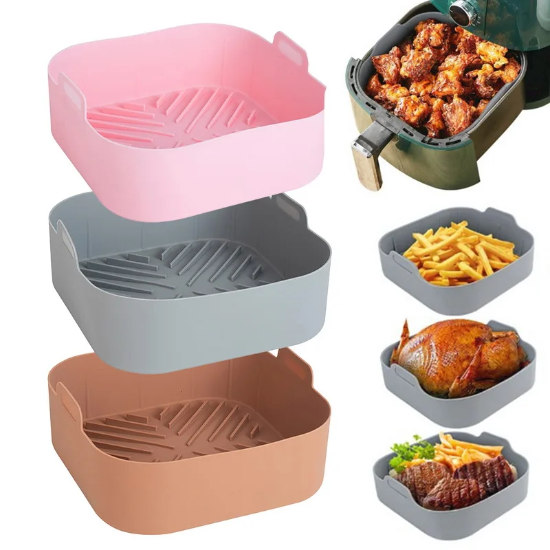 

21CM Silicone Air Fryer Pot Tray BBQ Barbecue Pad Plate Airfryer Oven Baking Mold Pot Food Safe Reusable Square Air Fryer Pan