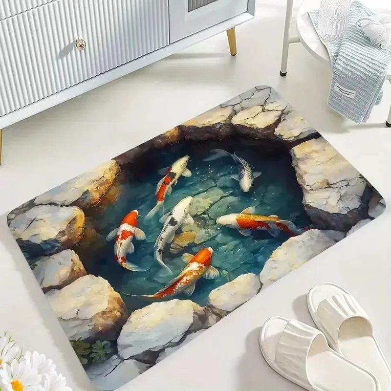 Multiple Koi Fish Oil Painting Welcome Mat Non‑Slip Rug for Artistic Home Entryway