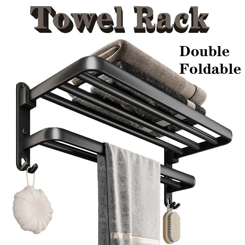 Bathroom Towel Rack Foldable Towel Holder With Shelf Hook Stainless Steel Towel Bars Kitchen Shelf Hanger Wall Mounted Tripods