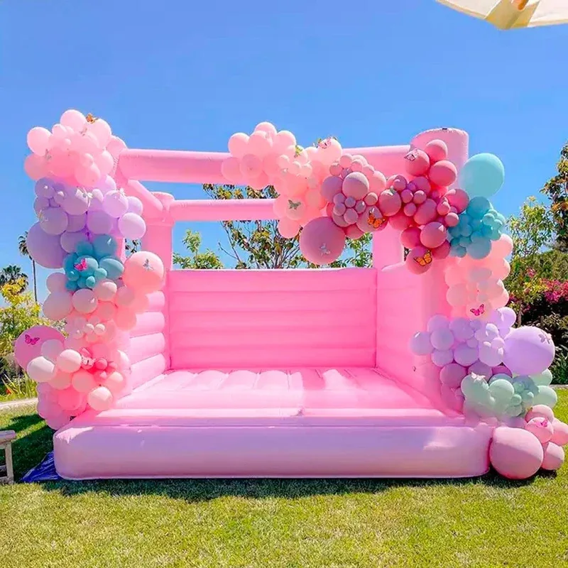 Pastel Pink White Inflatable Bounce House, Commercial Moonwalk Jumper Bouncy Castle for Kids Indoor Outdoor Party Events