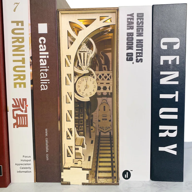 

Miniature Books Train Station DIY Wooden Book Nook Shelf Insert Kits Bookends Night Market Alley Bookshelf Handmade Crafts Gifts