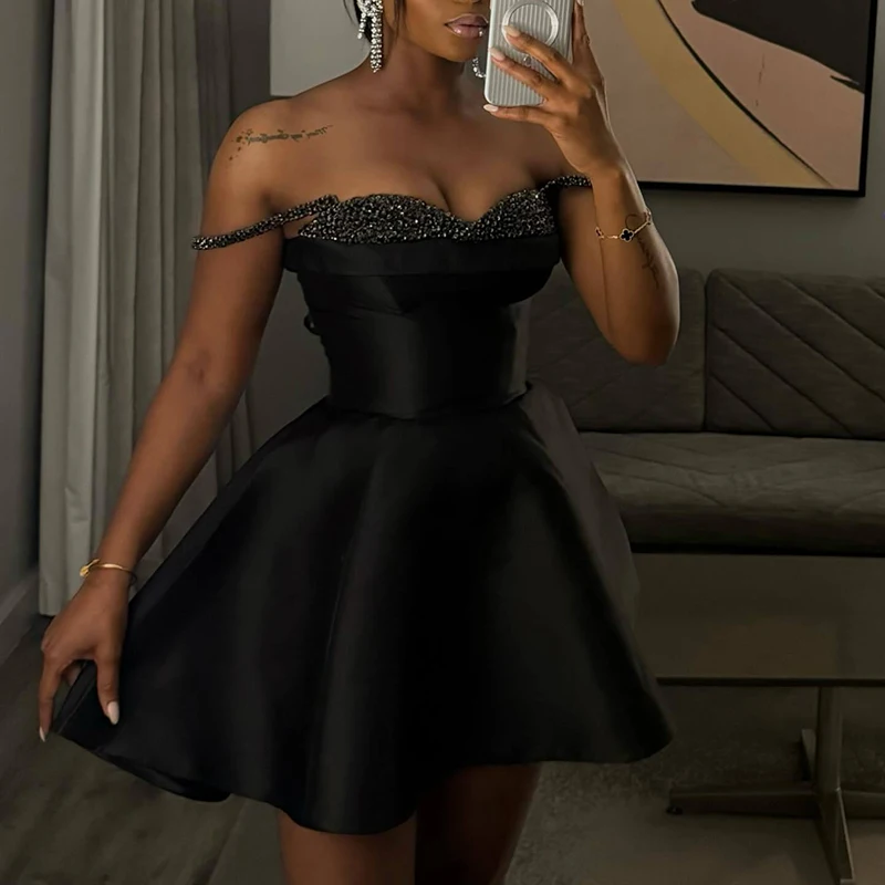 Casual Sleeveless High Waist Party Dress Black Sequin Patchwork Slim A-line Dress Lady Sexy Off Shoulder Pleated Suspender Dress
