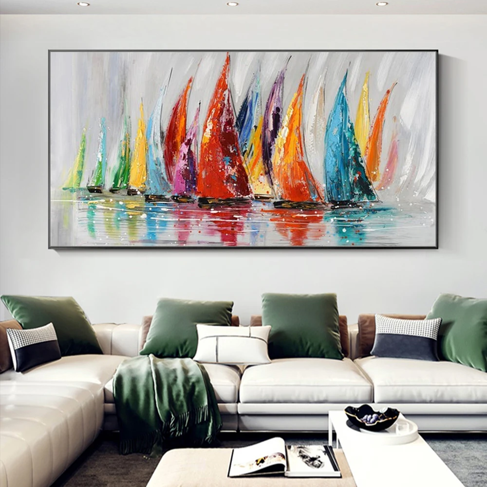 Mintura Large Size Handpainted Sailboat Oil Paintings on Canvas Modern Home Decoration Wall Art Abstract Picture For Living Room