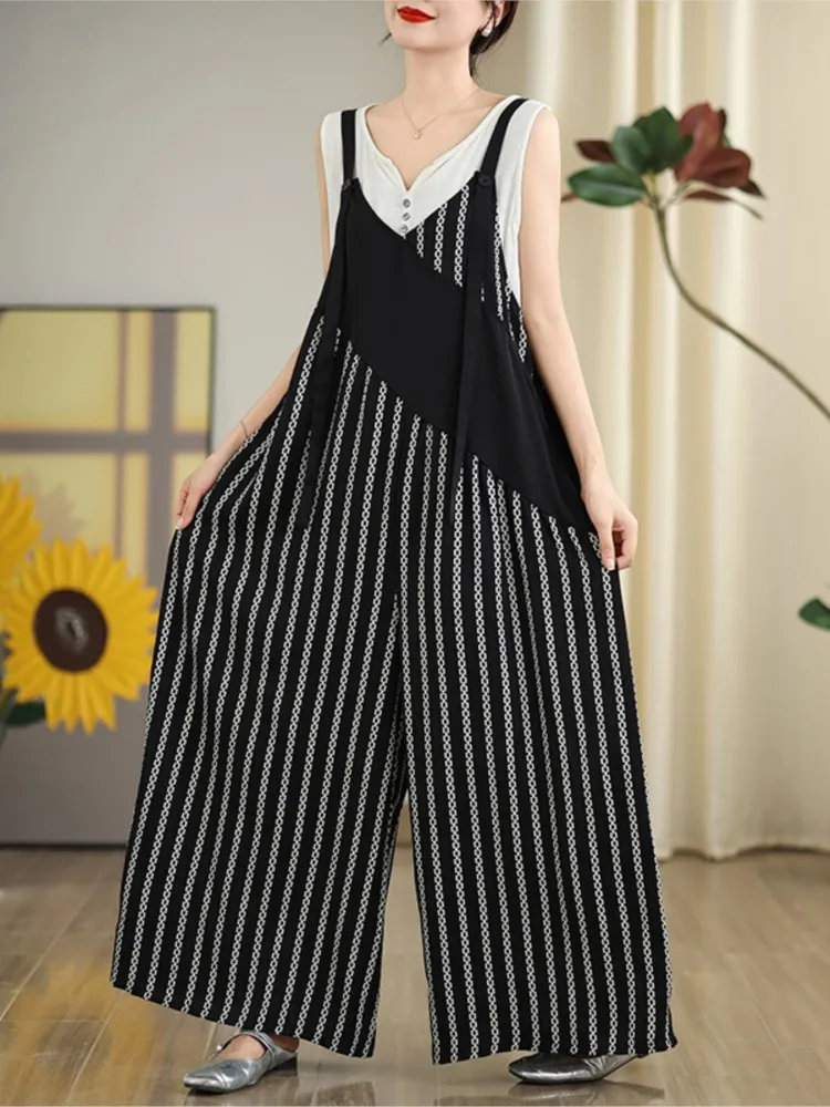 Oversized Summer Sleeveless Striped Print Jumpsuit Women Loose Wide Leg Fashion Ladies Jumpsuits Casual Woman Overalls Jumpsuit