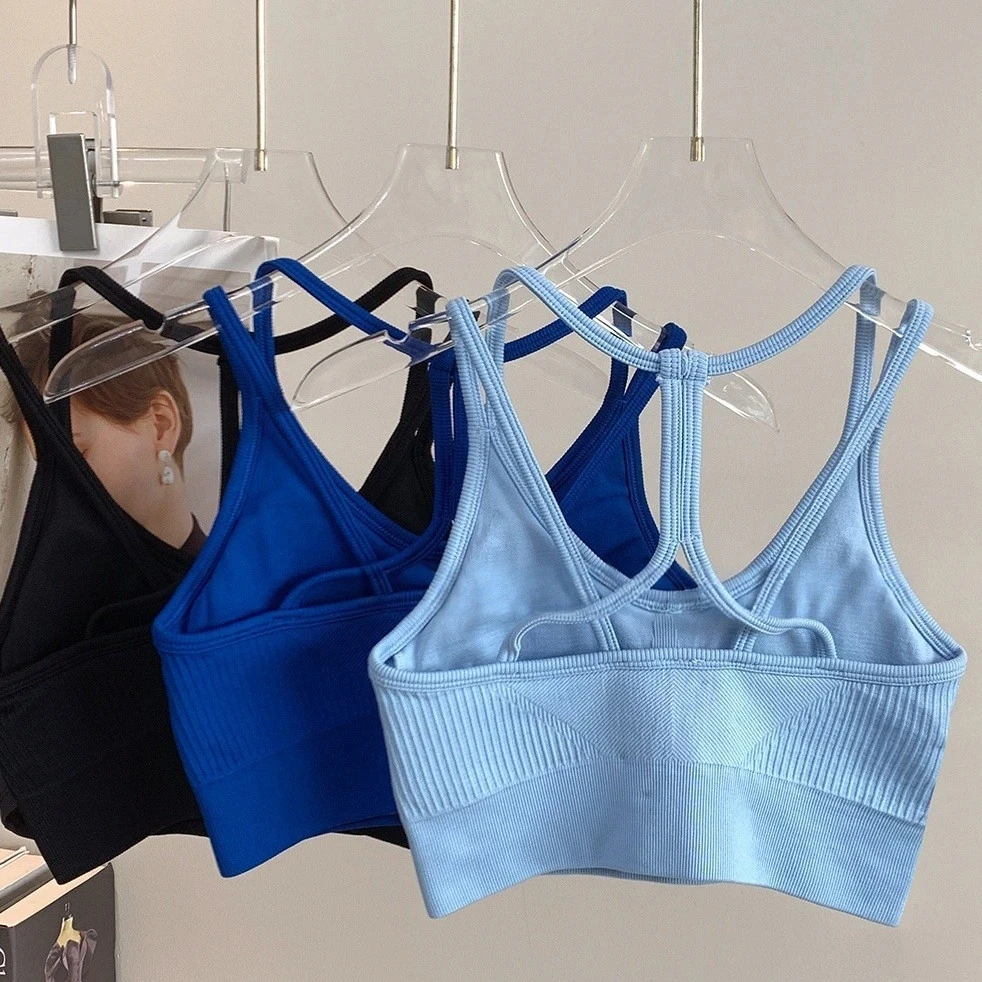 Nahtloses, dehnbares, rückenfreies Sport-BH-Tanktop mit Spaghettiträgern für Damen – mit BH-Polstern für Yoga und Fitness – Detail 4