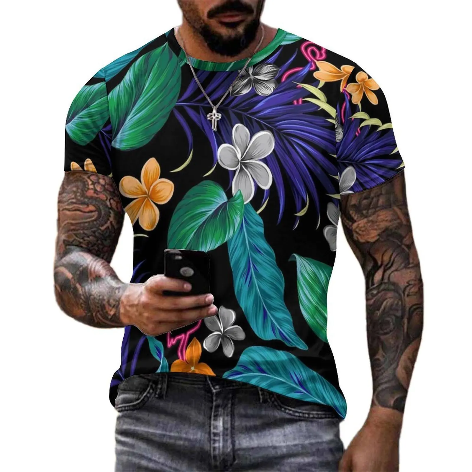 Plus Size T Shirt Summer Tropical Floral Print T Shirts Neon Tropicana Street Style O Neck Tshirt Couple Harajuku Top Tees
